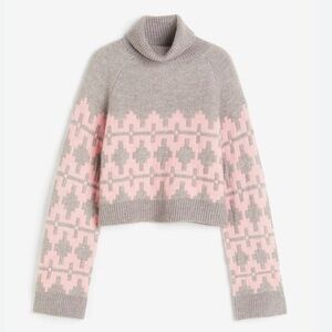 H & M Jacquard-Knit Turtleneck Cropped Sweater Pink Gray Patterned Women's Sz XS